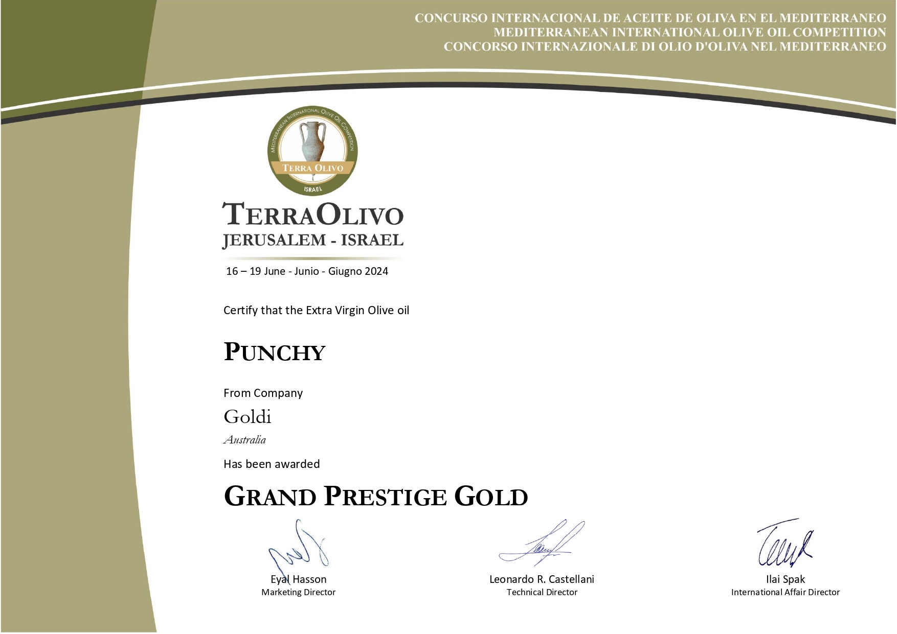 Goldi Punchy 濃郁果香 2024 TerraOlivo Grand Prestige Gold 特級金獎證書
