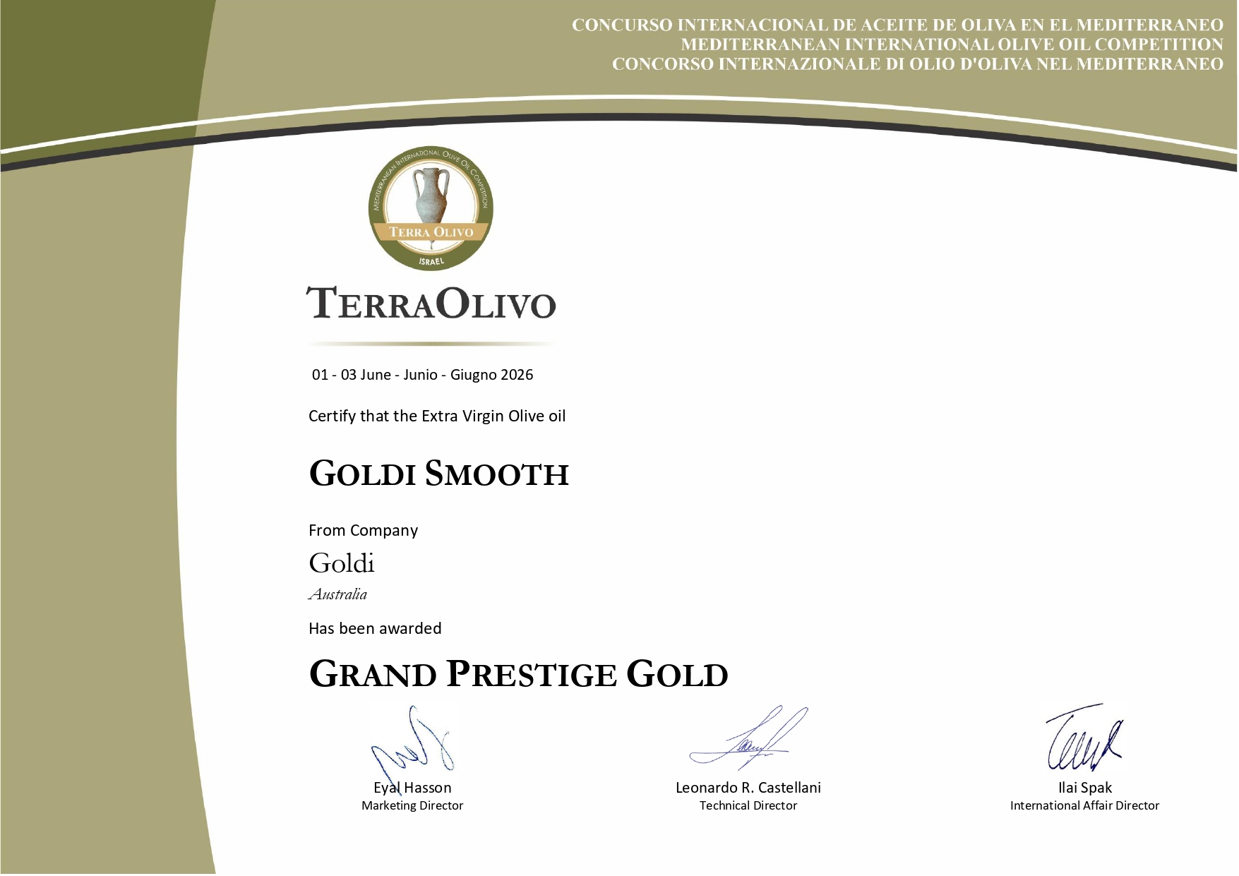 Goldi Smooth 圓潤細緻 2026 TerraOlivo Grand Prestige Gold 特級金獎證書