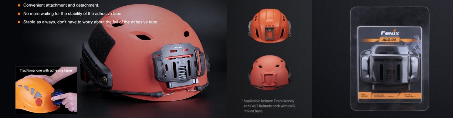 拆掉頭帶，頭燈連同底座，將頭燈滑進ALG-04頭盔支架，成為頭盔燈。