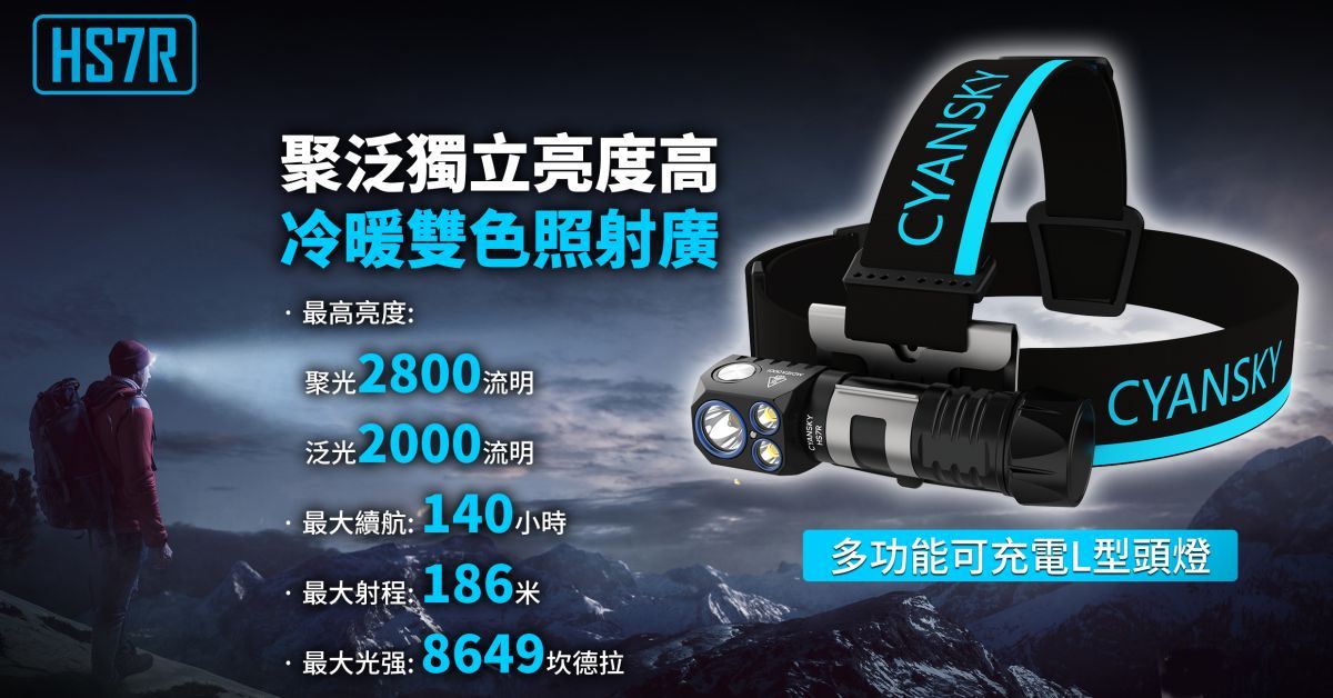 【CYANSKY 】HS7R 2800流明 多功能可充電 雙色溫 聚光 泛光 L型頭燈 強光手電筒 工作頭燈