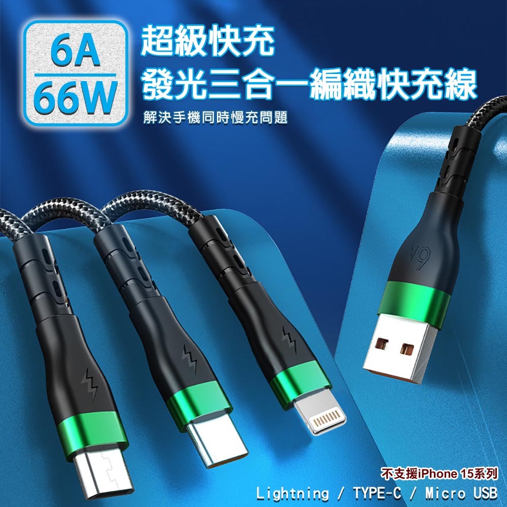 6A超級快充66W發光三合一編織快充線(Lightning /TYPE-C/ Micro USB)【不支援iPhone 15系列】