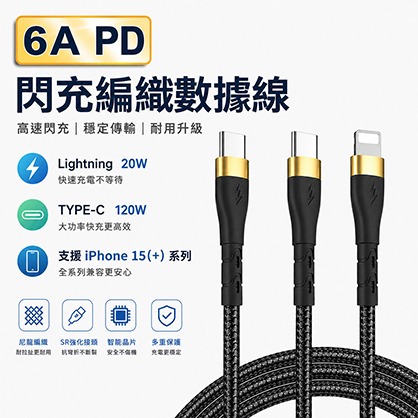 6A PD閃充編織數據線Lightning 20W / TYPE-C 120W(支援iPhone 15系列)