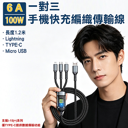 【爆款】6A100W一對三手機快充編織傳輸線 Lightning / Type-C / Mirco USB