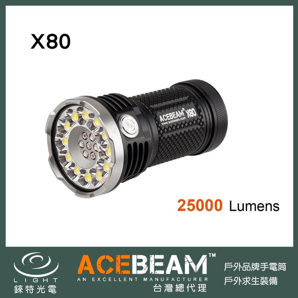 【錸特光電】ACEBEAM X80 25000流明 超高亮泛光手電筒 XHP50 2代晶片 /相機腳架適用 /紅光 綠光 藍光+UV光  標配：原廠18650電池4顆