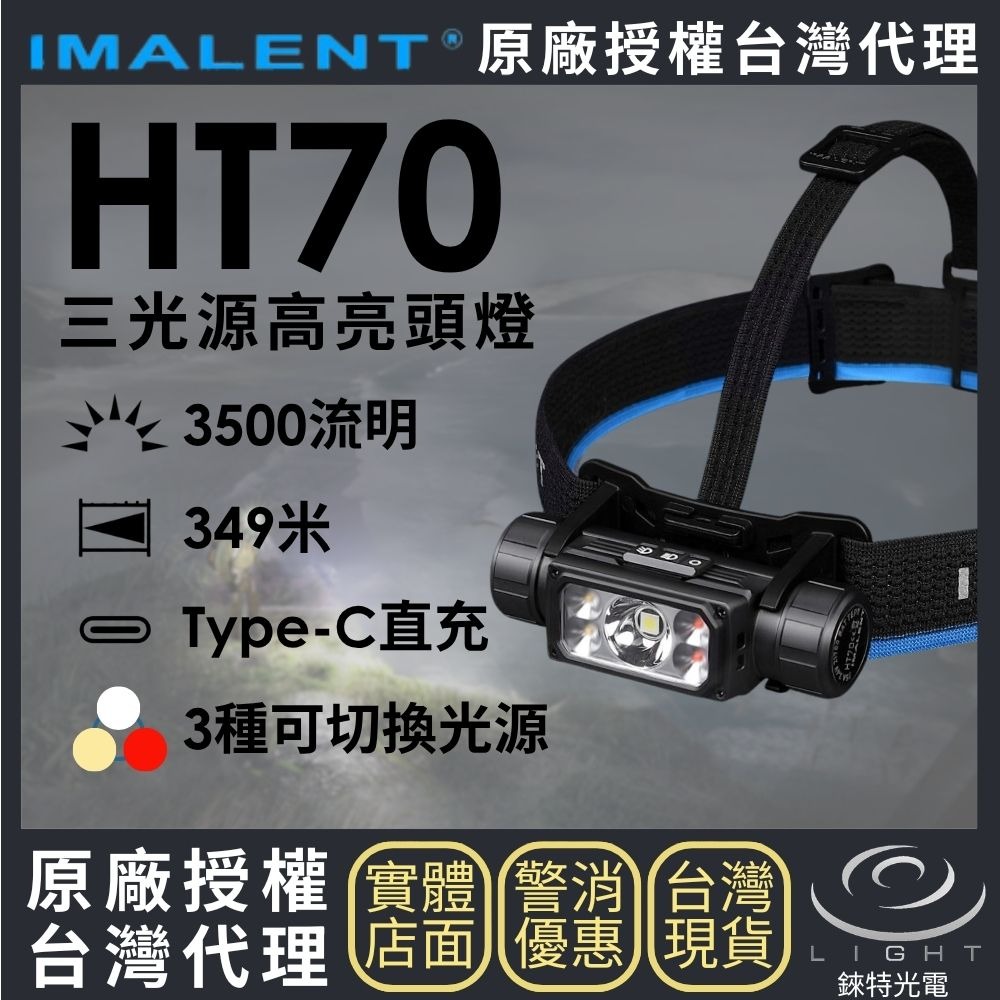 IMALENT HT70 三光源高亮頭燈3500流明349米機械滑動開關紅白光180度